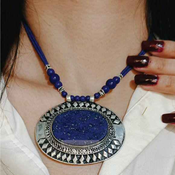 Lapis Lazuli Pendant Necklace: Handmade Ethnic Tribal Jewelry - Picture 1 of 14
